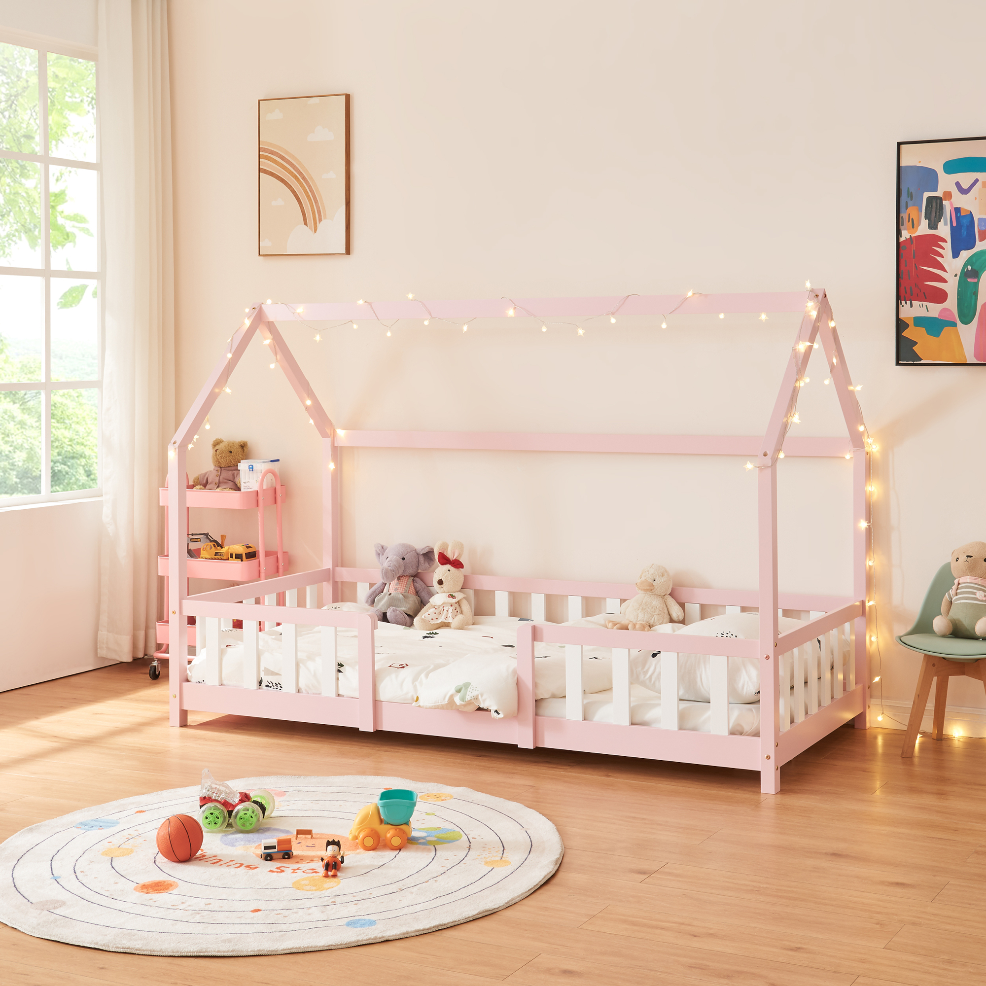 foto del prodotto letto per cameretta sisimiut a forma di casetta 90x200 cm rosa bianco en.casa 