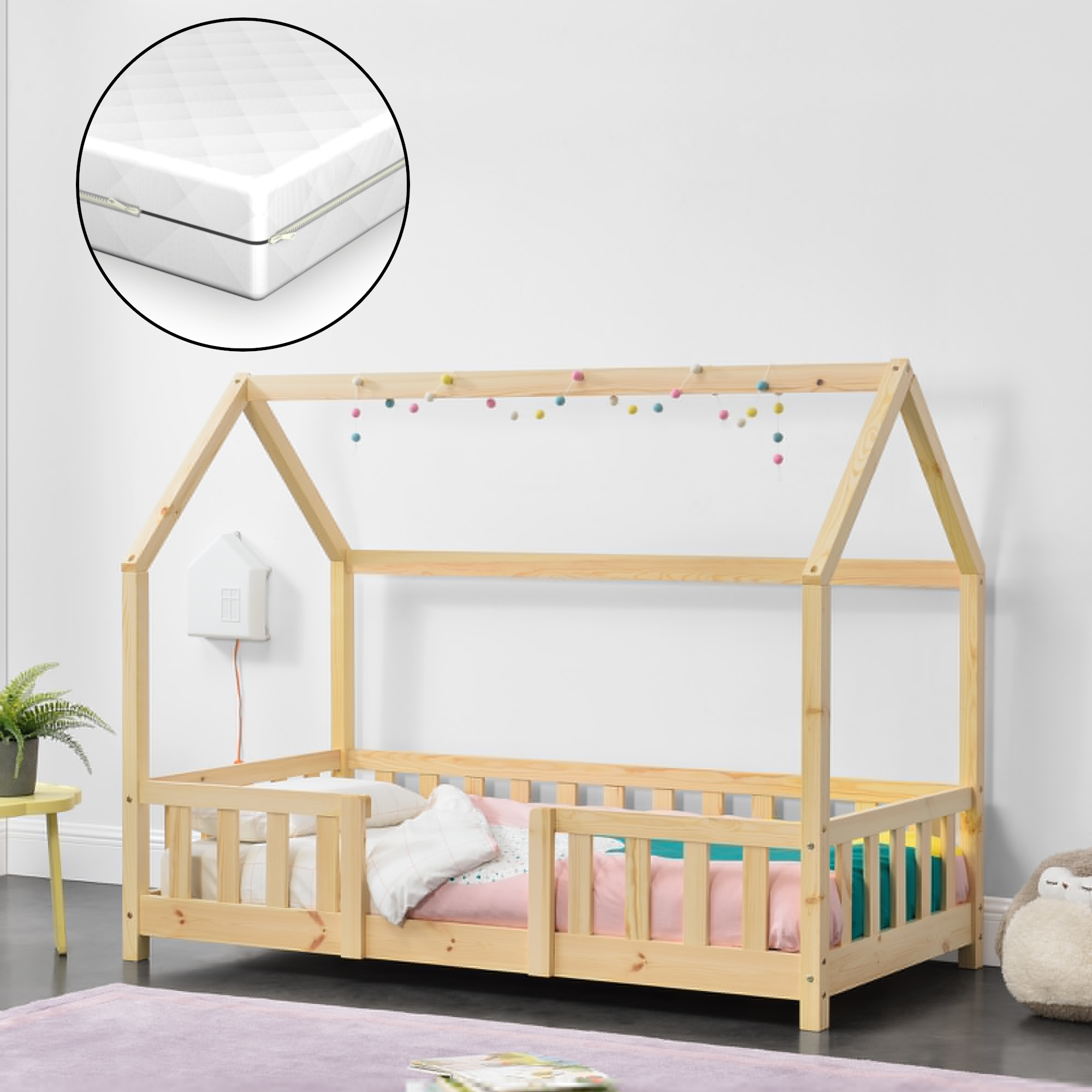 foto del prodotto letto per cameretta sisimiut a forma di casetta con materasso 70x140 cm color legno naturale en.casa neu.haus 