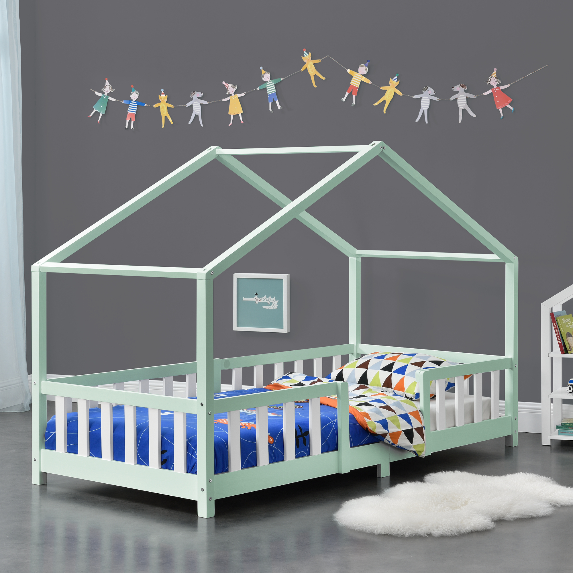 foto del prodotto letto per cameretta treviolo a forma di casetta 90x200 cm menta bianco en.casa 