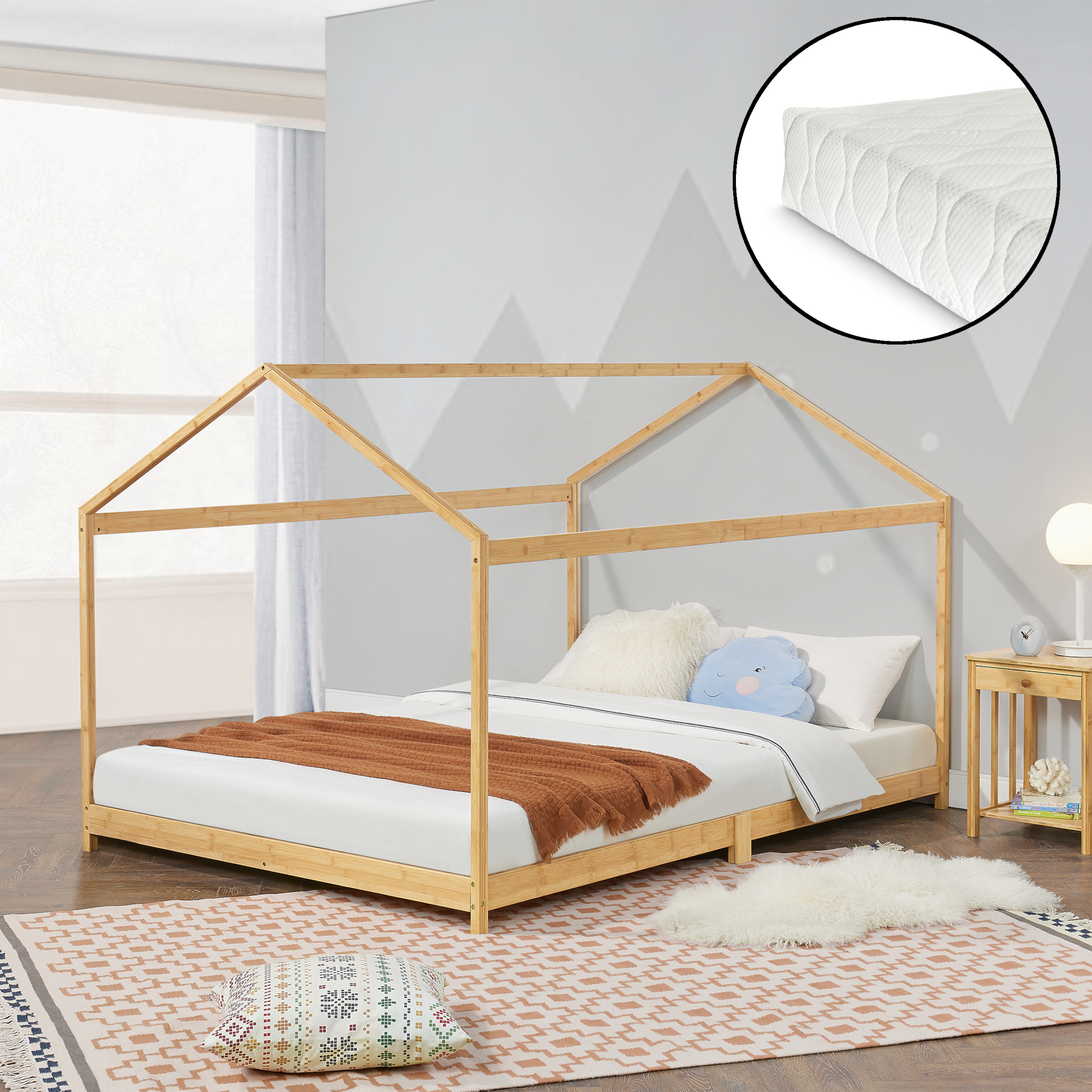 foto del prodotto letto per cameretta vindafjord a forma di casetta con materasso 160x200 cm bamb naturale en.casa 