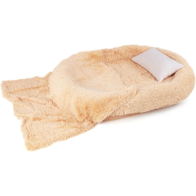 foto del prodotto letto per cani umani, cuccia per cani di taglia umana con coperta morbida, cuscino morbido, letto pelo finto gigante e lavabile per persone e