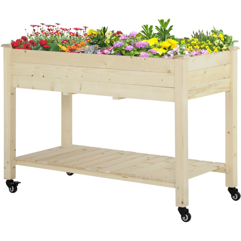 foto del prodotto letto per orto rialzato in legno con rotelle e ripiano inferiore 118x55x83 cm legno naturale