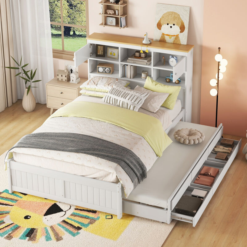 foto del prodotto letto piano 140200 cm con diversi vani portaoggetti sulla testata del letto, dotato di letto estraibile estraibile, tre cassetti, bianco