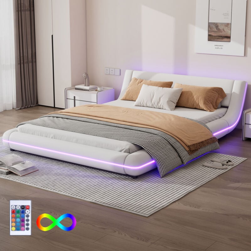 foto del prodotto letto piano 140200 cm, letto a pavimento, pu, luce ambientale a led, telecomando a 24 tasti, bianco