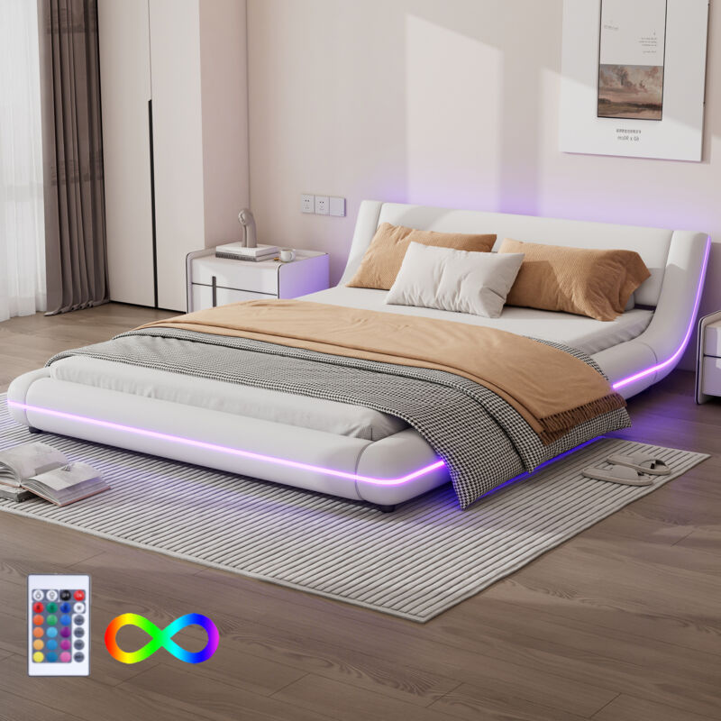 foto del prodotto letto piano 140200 cm, letto a pavimento, pu, luce ambientale a led, telecomando a 24 tasti, bianco