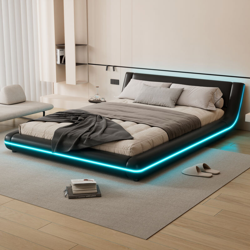 foto del prodotto letto piano 140200 cm, letto a pavimento, pu, luce ambientale a led, telecomando a 24 tasti, nero