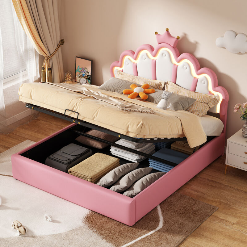foto del prodotto letto piano 140200 cm, letto imbottito, letto principessa, illuminazione d atmosfera regolabile, modanatura a corona, rosa