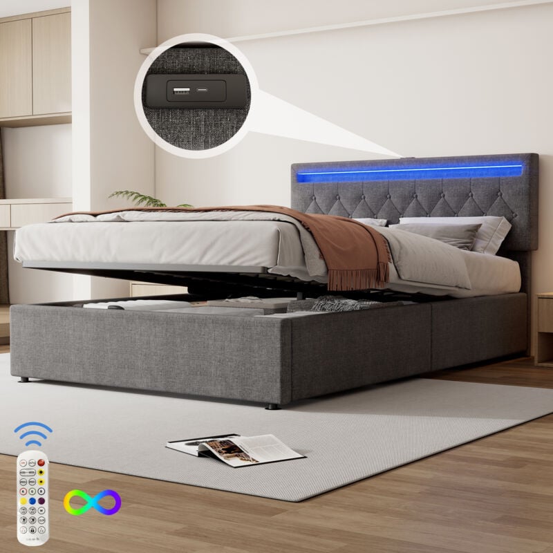 foto del prodotto letto piano 140200 cm, letto imbottito, luce ambientale sul letto, telecomando a 24 tasti, letto alzabile e abbassabile, presa usb e type c sul