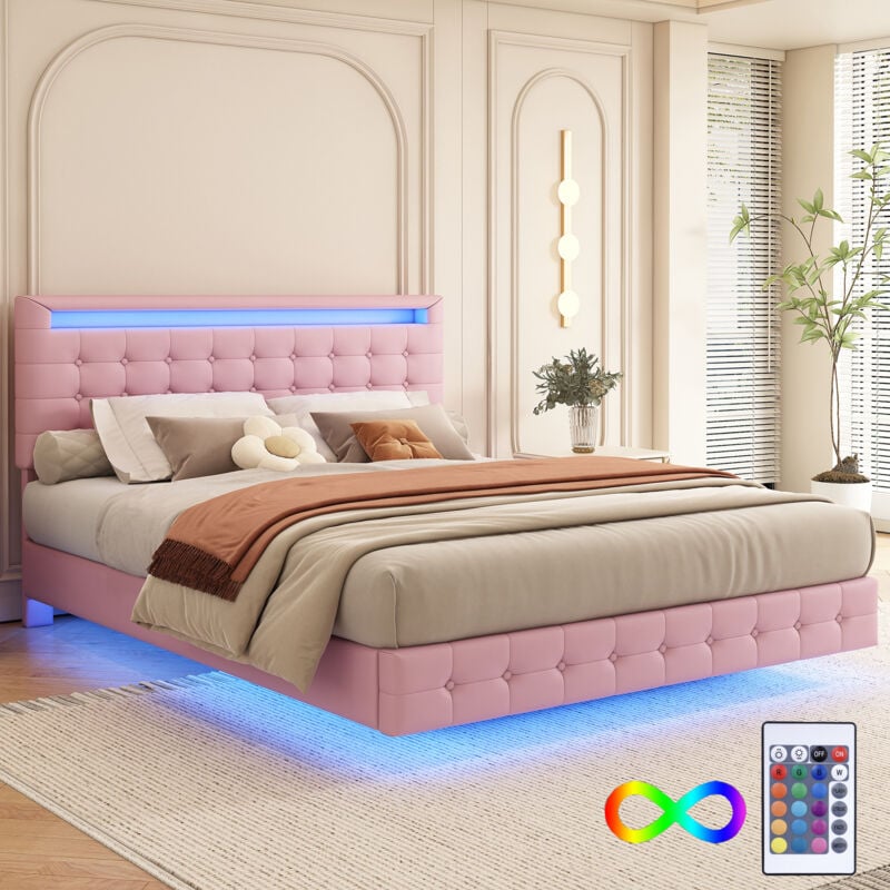 foto del prodotto letto piano 140200 cm, luce ambientale a led, telecomando a 24 tasti, sospensione, materiale pu, regolazione in altezza a tre stadi della testiera,