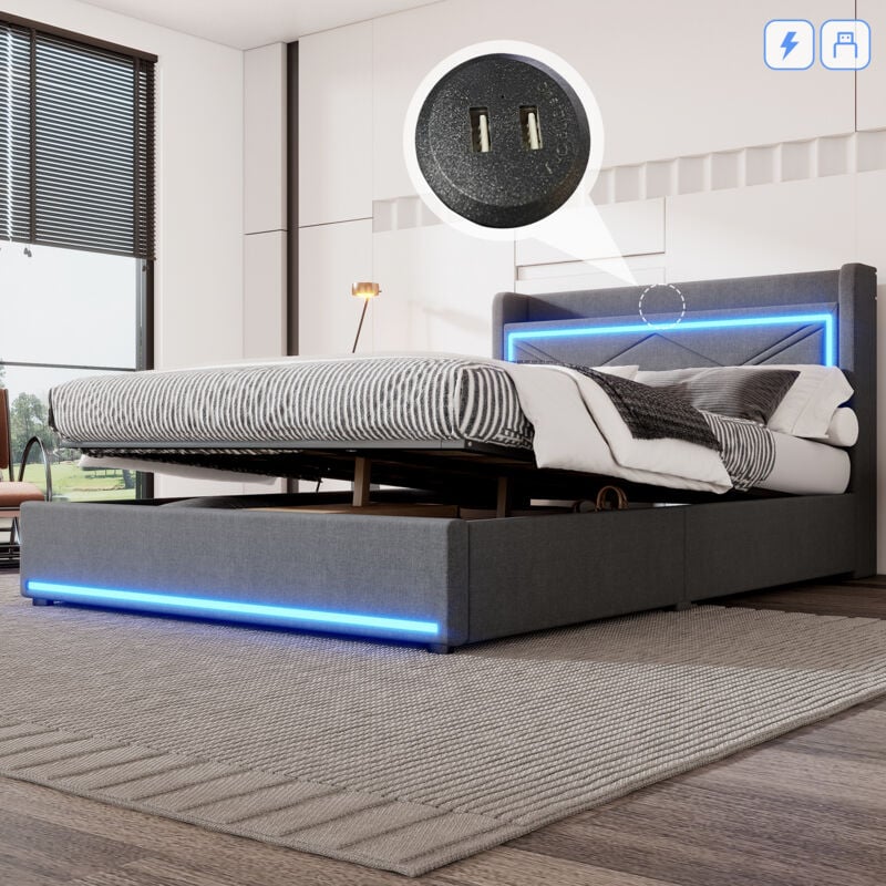 foto del prodotto letto piano 140200 cm, luce ambientale ai piedi del letto, regolabile tramite applicazione, letto alzato e abbassato, porta usb sulla testata del