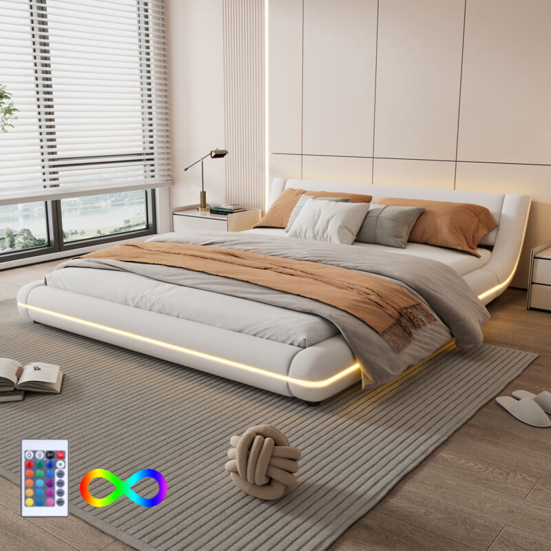 foto del prodotto letto piano 160200 cm, letto a pavimento, pu, luce ambientale a led, telecomando a 24 tasti, bianco
