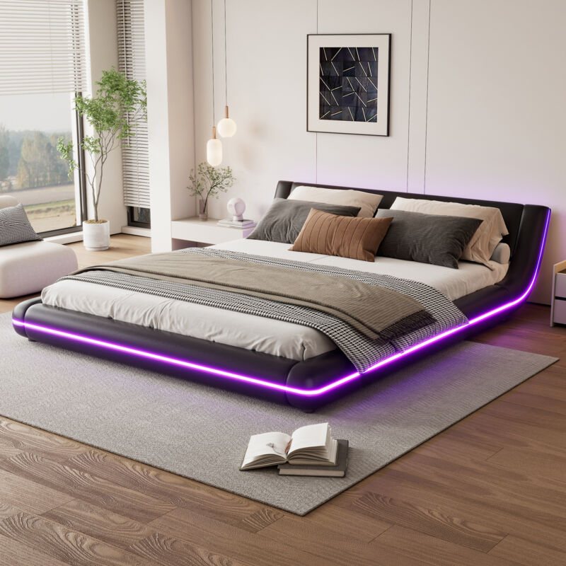 foto del prodotto letto piano 160200 cm, letto a pavimento, pu, luce ambientale a led, telecomando a 24 tasti, nero