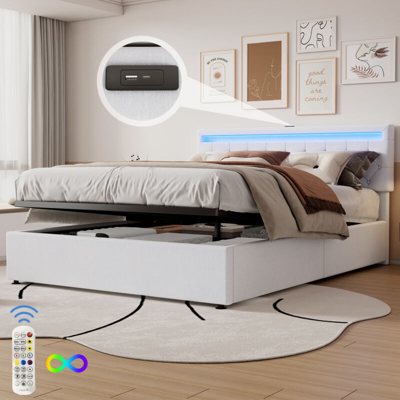 foto del prodotto letto piano 160200 cm, letto imbottito, luce d atmosfera sul letto, telecomando a 24 tasti, letto alza e abbassa, presa usb e type c sul letto, ampio