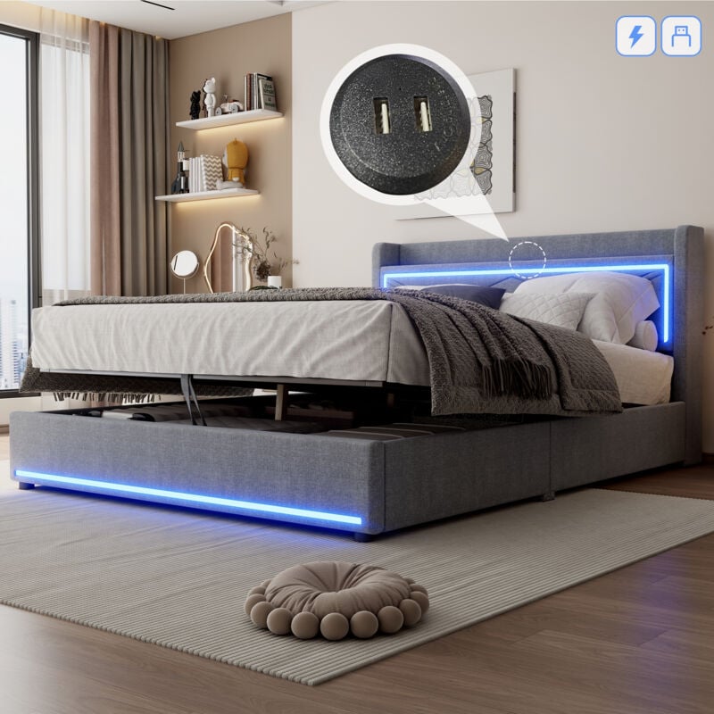 foto del prodotto letto piano 160200 cm, luce ambientale ai piedi del letto, regolabile tramite applicazione, letto alzato e abbassato, porta usb sulla testata del
