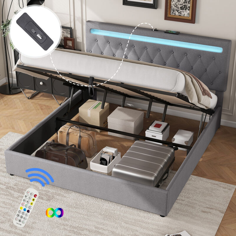 foto del prodotto letto piano 180200 cm, imbottito, letto idraulico con meccanismo di sollevamento, luce ambientale che cambia colore, telecomando, porta usb, grigio