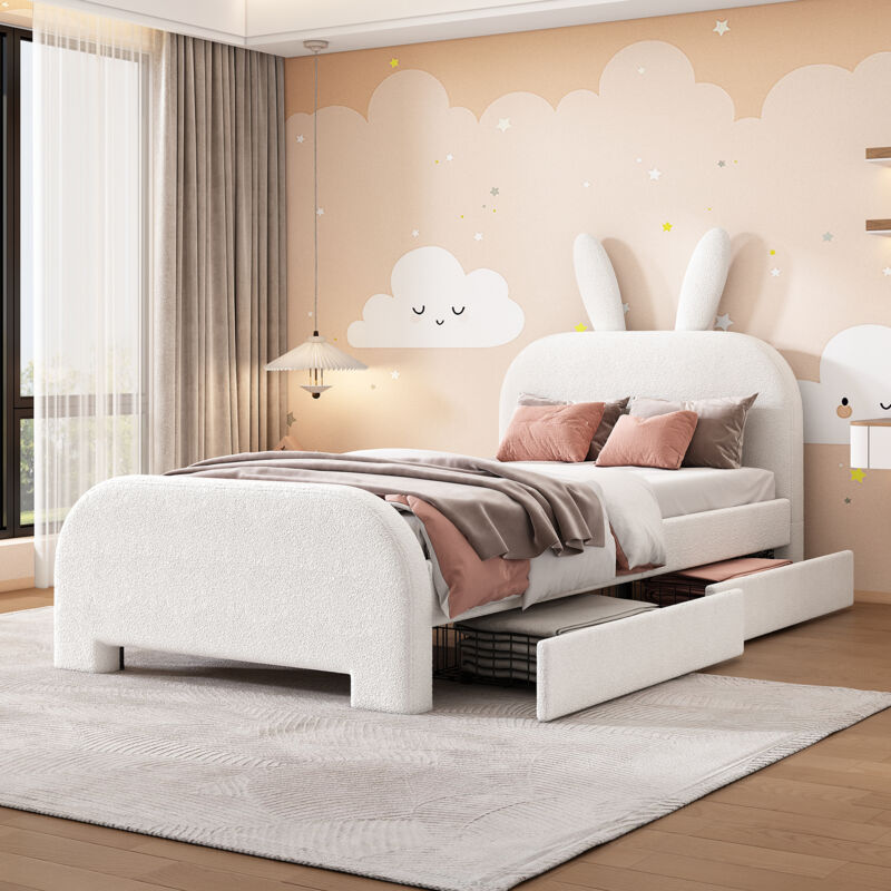 foto del prodotto letto piano 90 x 200 cm, imbottito, resistente alla lana di pecora, a forma di coniglio dei cartoni animati, due cassetti, bianco