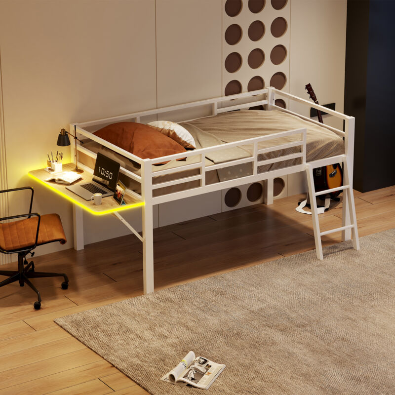 foto del prodotto letto piano 90 x 200 cm, letto in metallo, senza materasso, ringhiera, scaletta, scrivania, striscia luminosa a led telecomandata, bianco