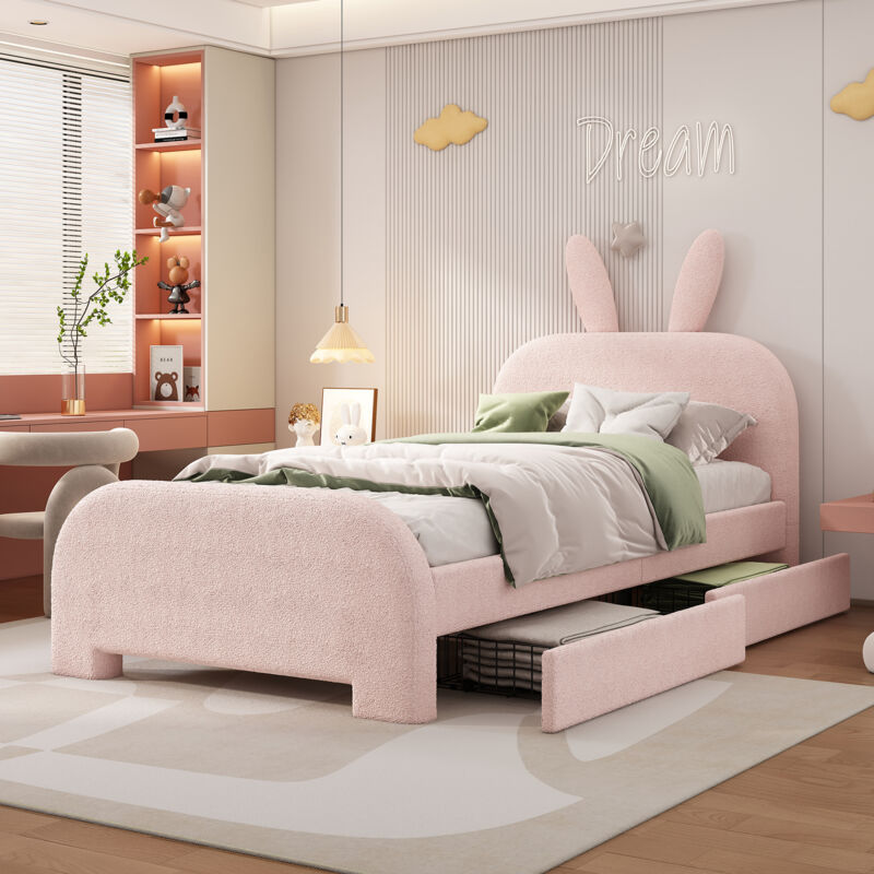 foto del prodotto letto piano 90200 cm, imbottito, resistente alla lana di pecora, a forma di coniglio cartone animato, due cassetti, rosa