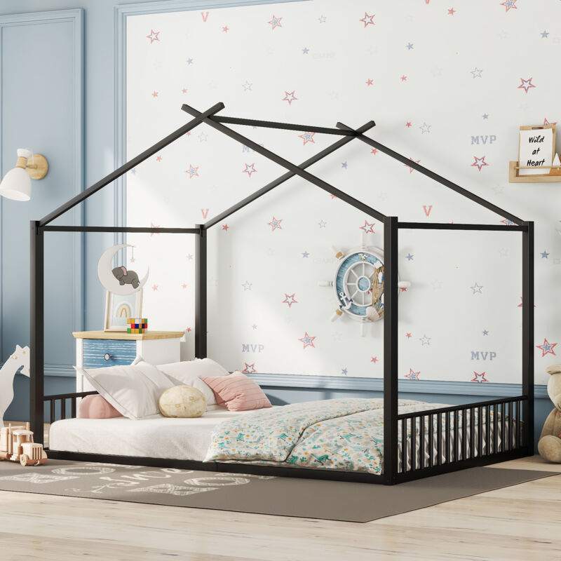 foto del prodotto letto piatto 140200 cm, letto con struttura in ferro, lettino per bambini, barra per la casa, nero