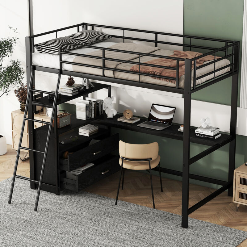 foto del prodotto letto piatto 90200 cm, letto con struttura in ferro, pratici cassetti, elegante scrivania a l, design laminato, nero