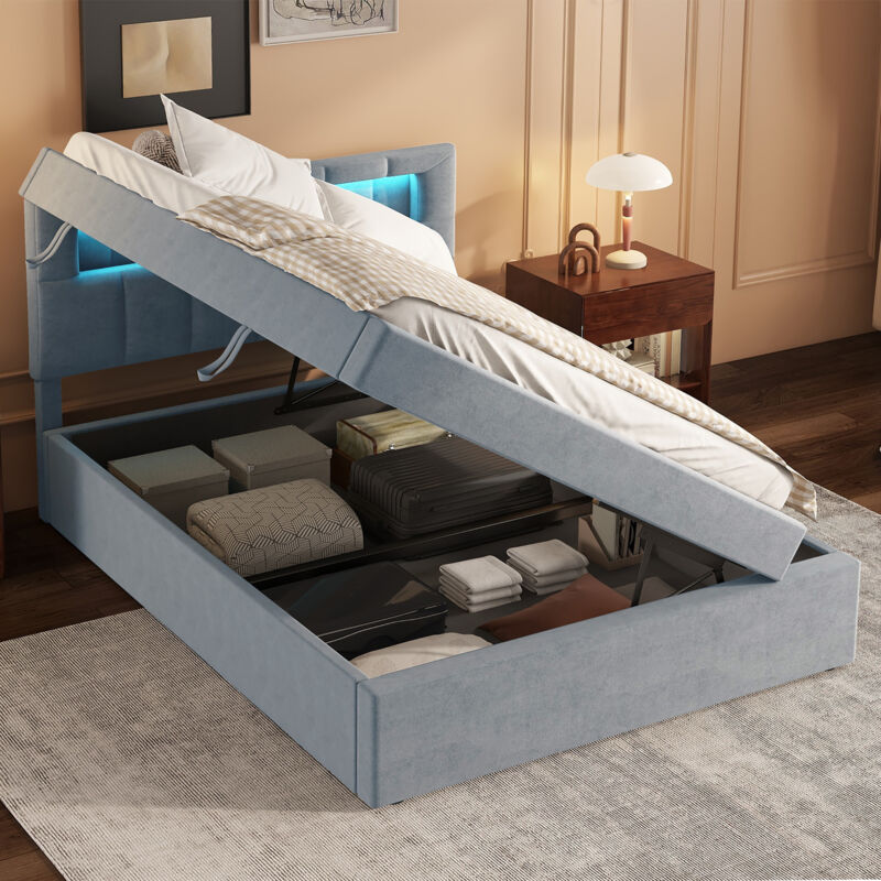 foto del prodotto letto piatto, 90200 cm, letto imbottito, luce ambientale sulla testata del letto, apertura su un lato, design minimalista, ampio spazio per riporre