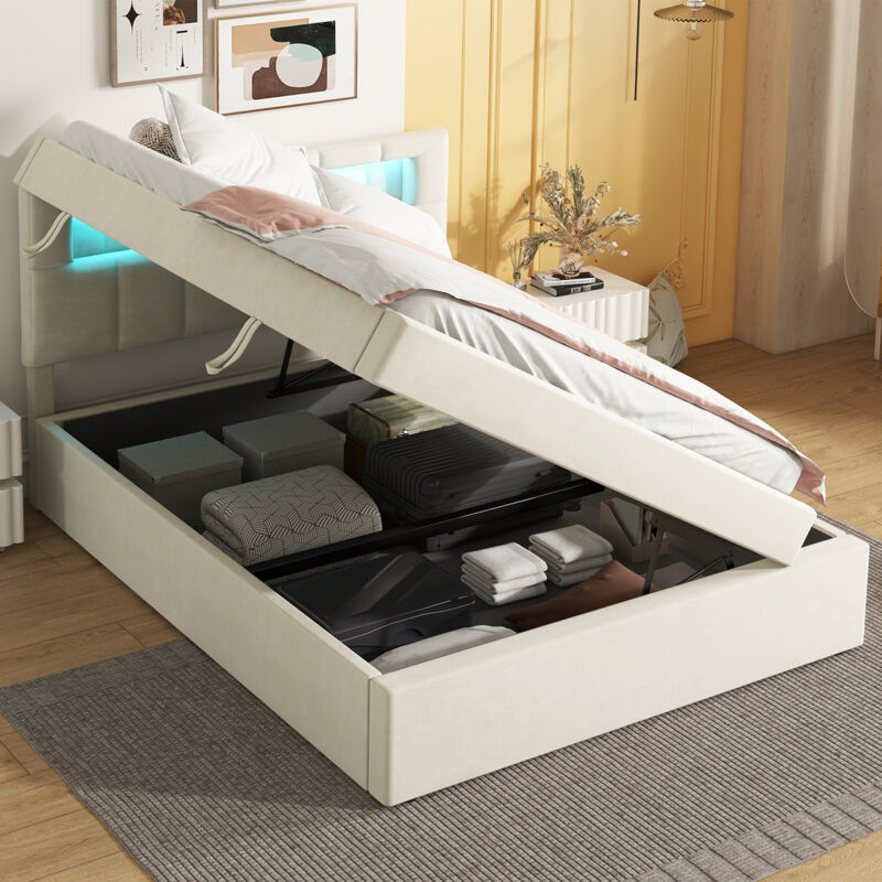foto del prodotto letto piatto, 90200 cm, letto imbottito, luce ambientale sulla testata del letto, apertura su un lato, design minimalista, ampio spazio per riporre