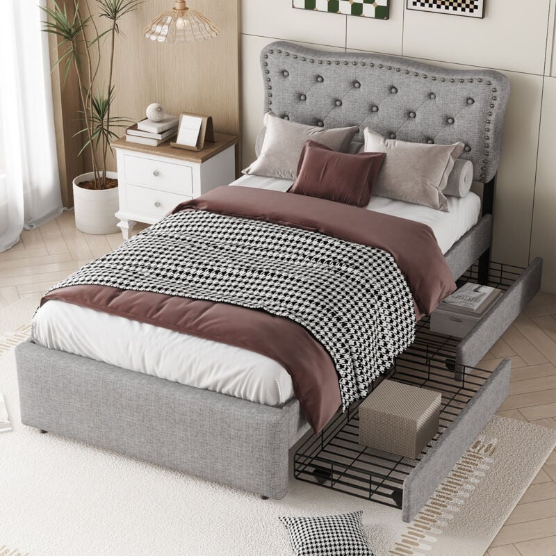 foto del prodotto letto piatto, letto imbottito, comodino imbottito con rivetti decorativi, doppi cassetti, grigio, 90200 cm