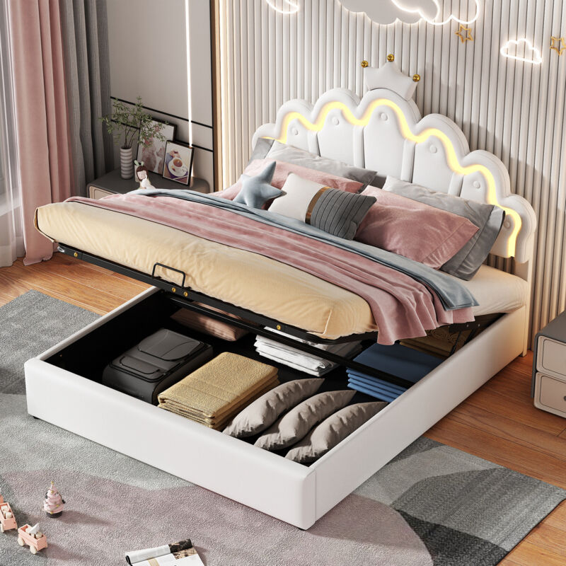 foto del prodotto letto piatto, letto imbottito, letto principessa, illuminazione d atmosfera regolabile, modanatura a corona, bianco, 140 x 200 cm