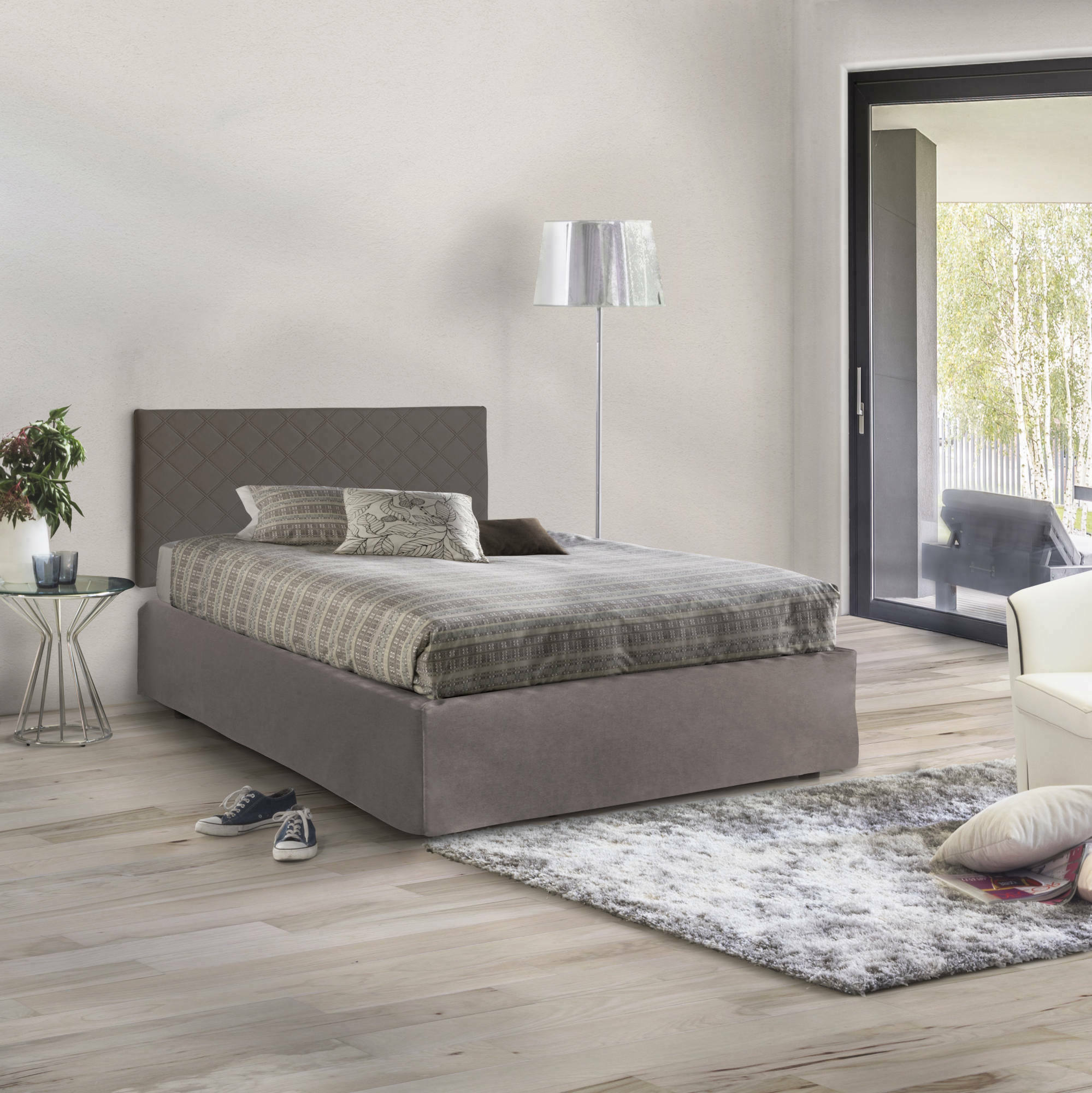 foto del prodotto letto piazza e mezza anas, set testata in ecopelle con rete ortopedica e mantovana, made in italy, adatto a materasso da cm 120x190, tortora