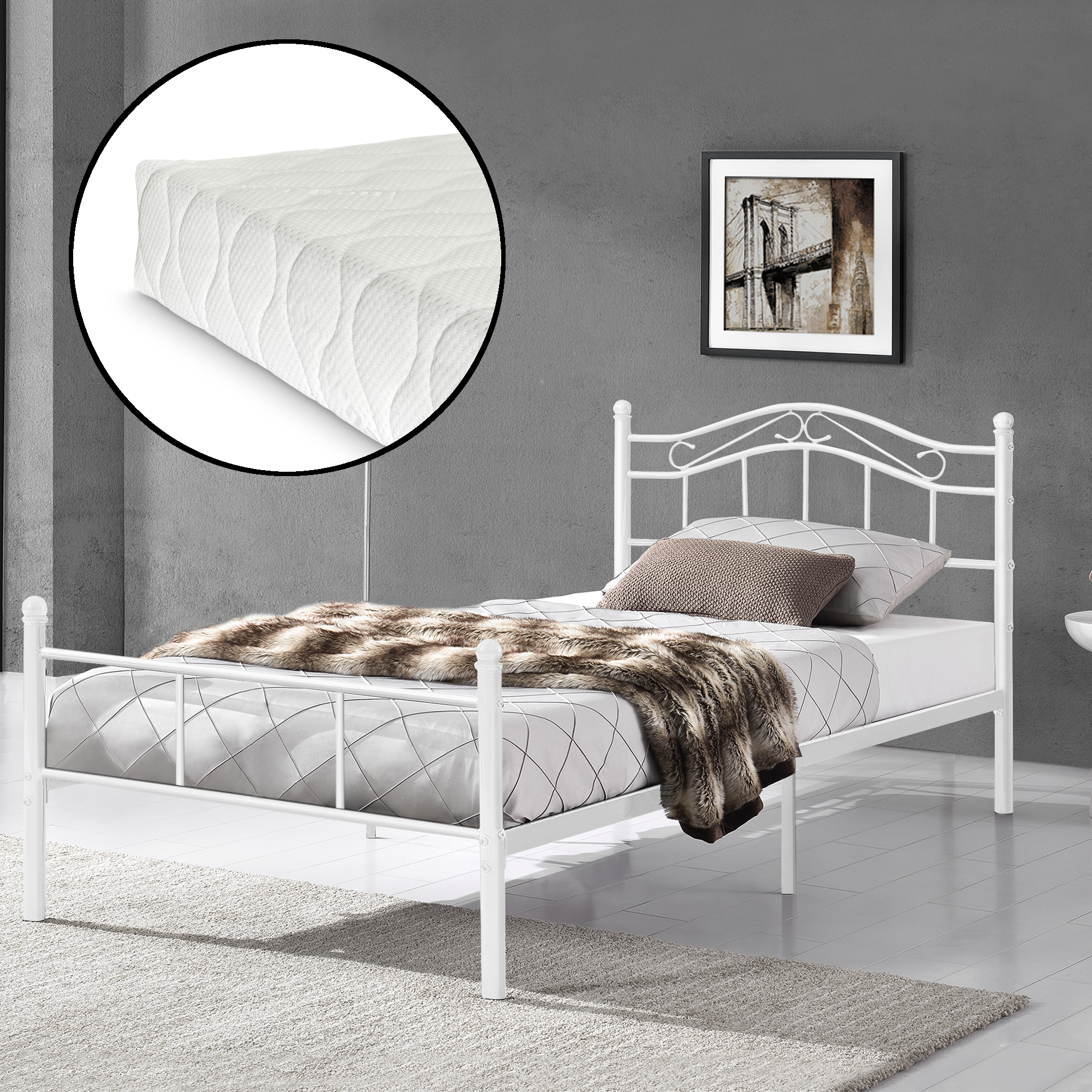 foto del prodotto letto piazza e mezza florenz in acciaio con testiera decorativa e materasso 120 x 200 cm bianco en.casa 