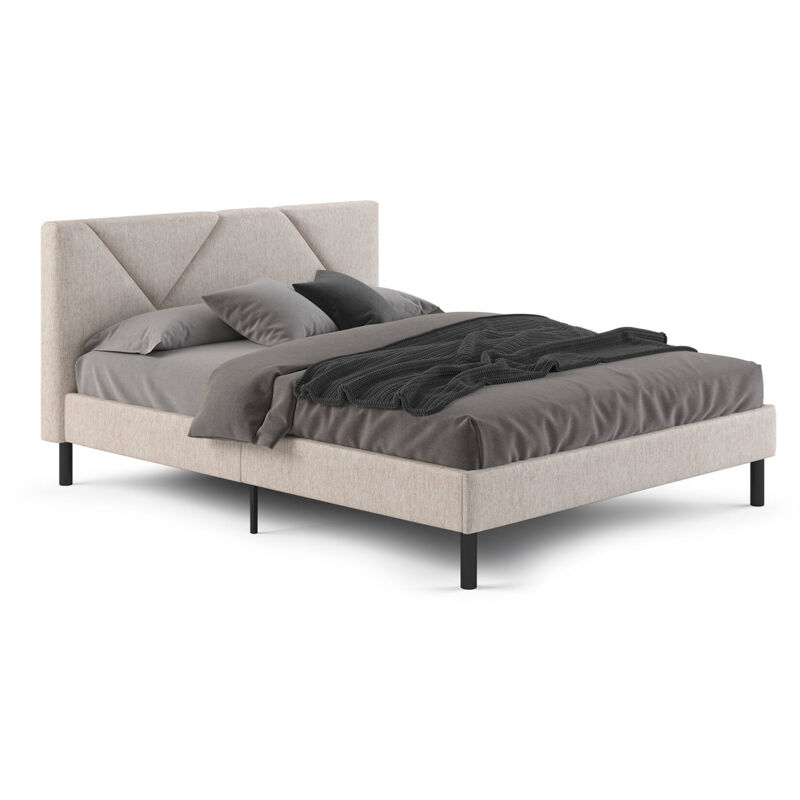 foto del prodotto letto piazza e mezza hemera, letto imbottito in tessuto con testiera, doghe in legno, adatto a materasso da 120x190, beige dmora