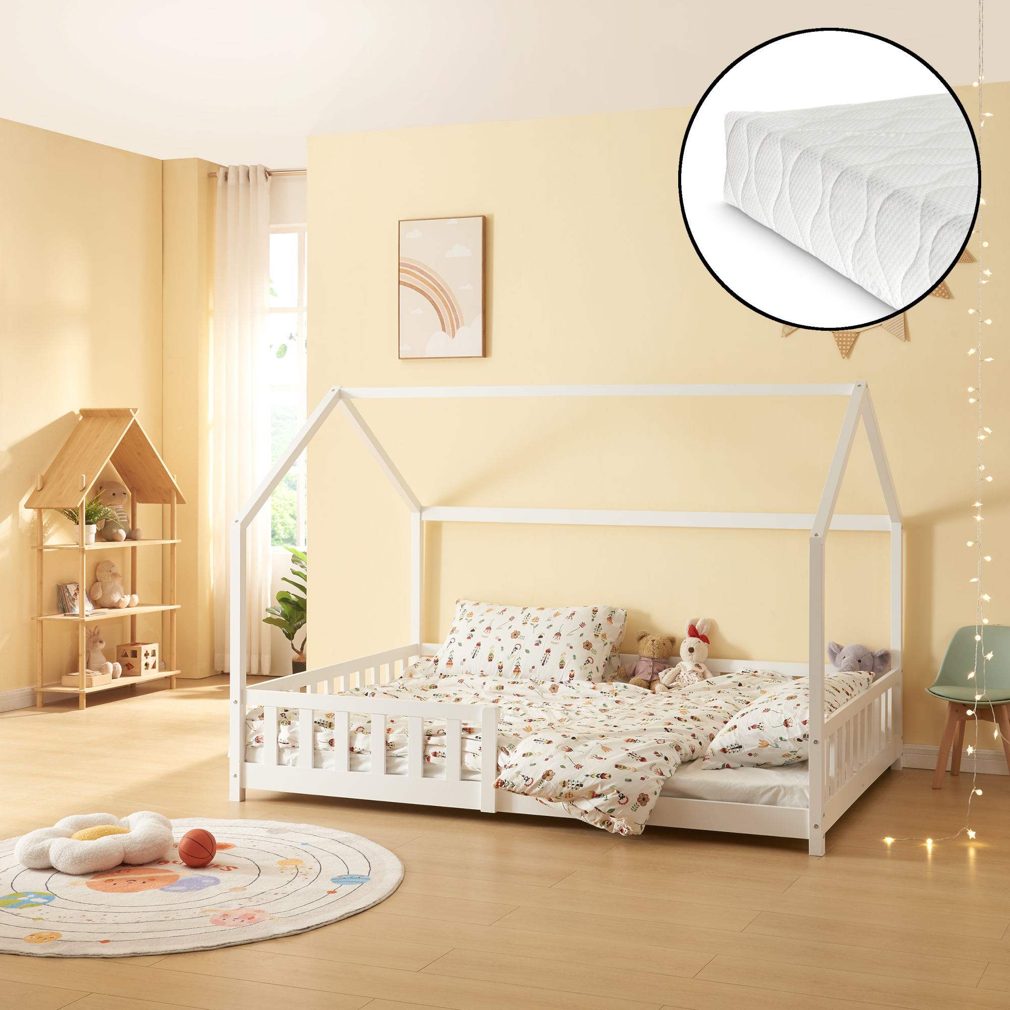 foto del prodotto letto piazza e mezza hesel per cameretta forma di casetta con materasso 120 x 200 cm bianco en.casa 