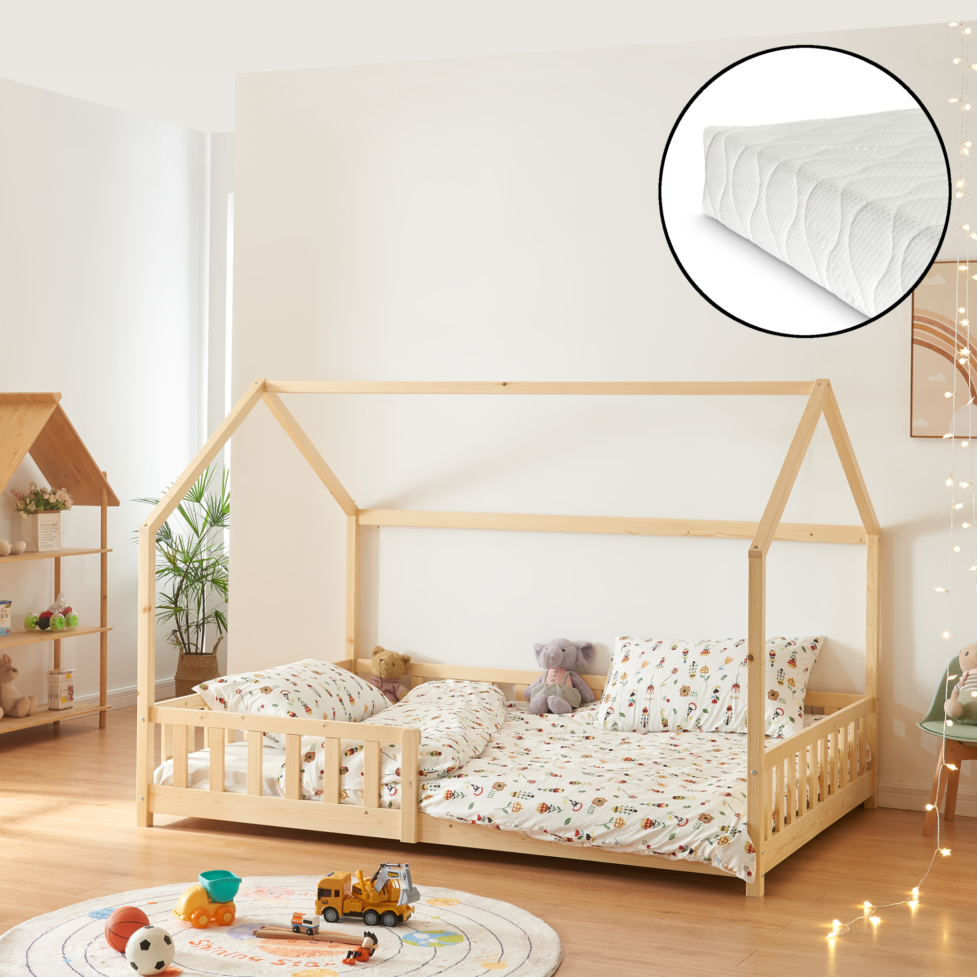 foto del prodotto letto piazza e mezza hesel per cameretta forma di casetta con materasso 120 x 200 cm naturale en.casa 
