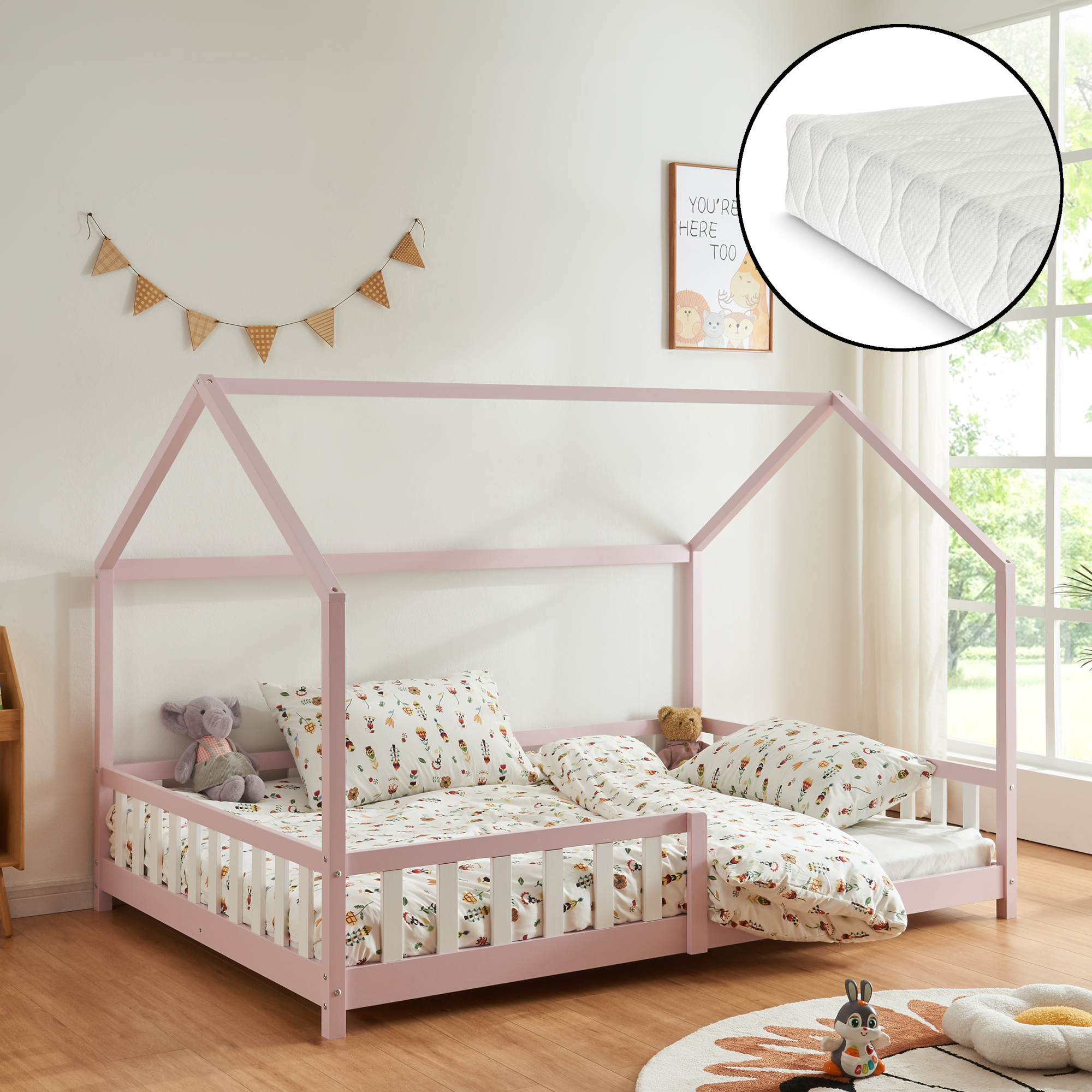 foto del prodotto letto piazza e mezza hesel per cameretta forma di casetta con materasso 120 x 200 cm rosa en.casa 