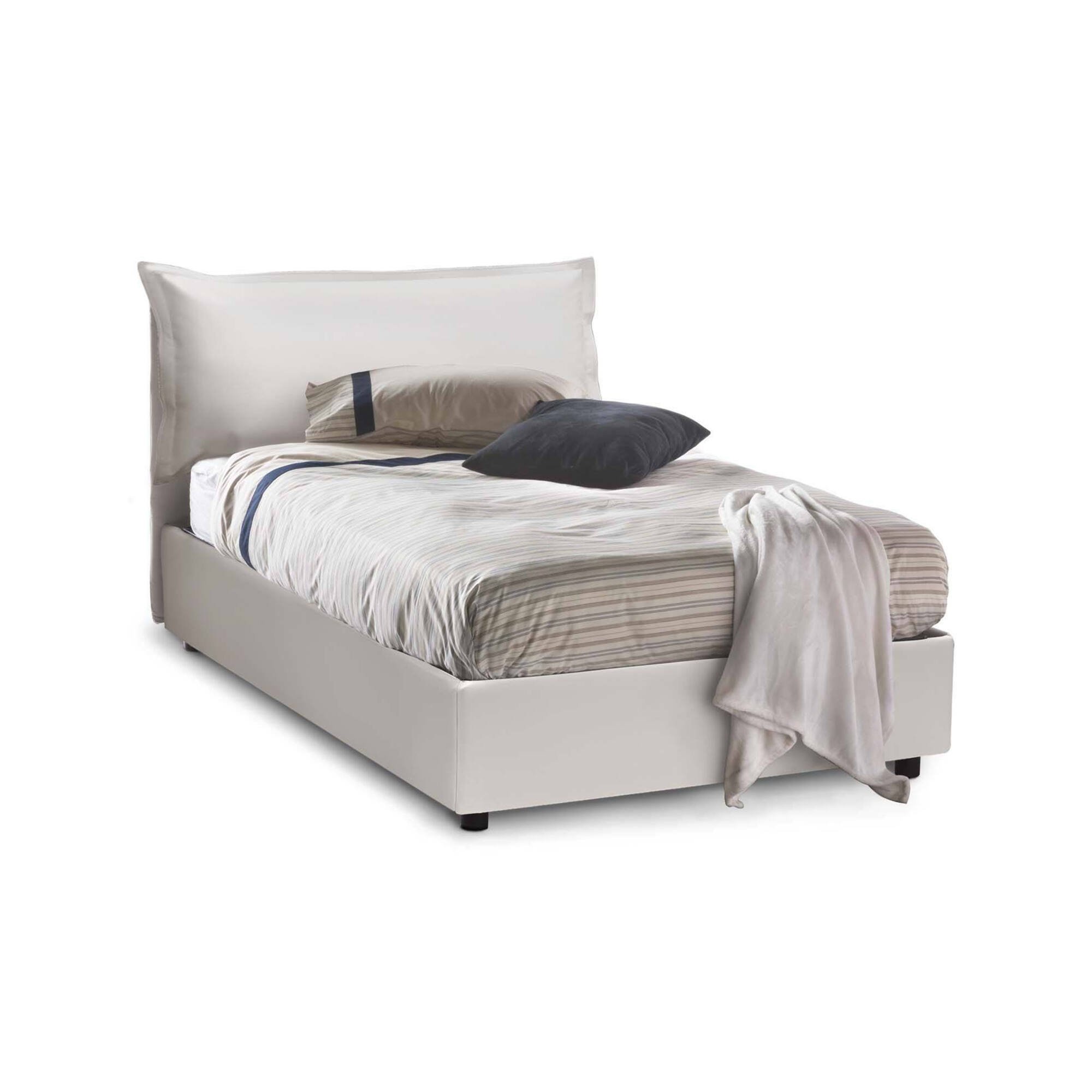 foto del prodotto letto piazza e mezza latona, letto contenitore con rivestimento in ecopelle, made in italy, apertura frontale, adatto per materasso cm 120x190, bianco