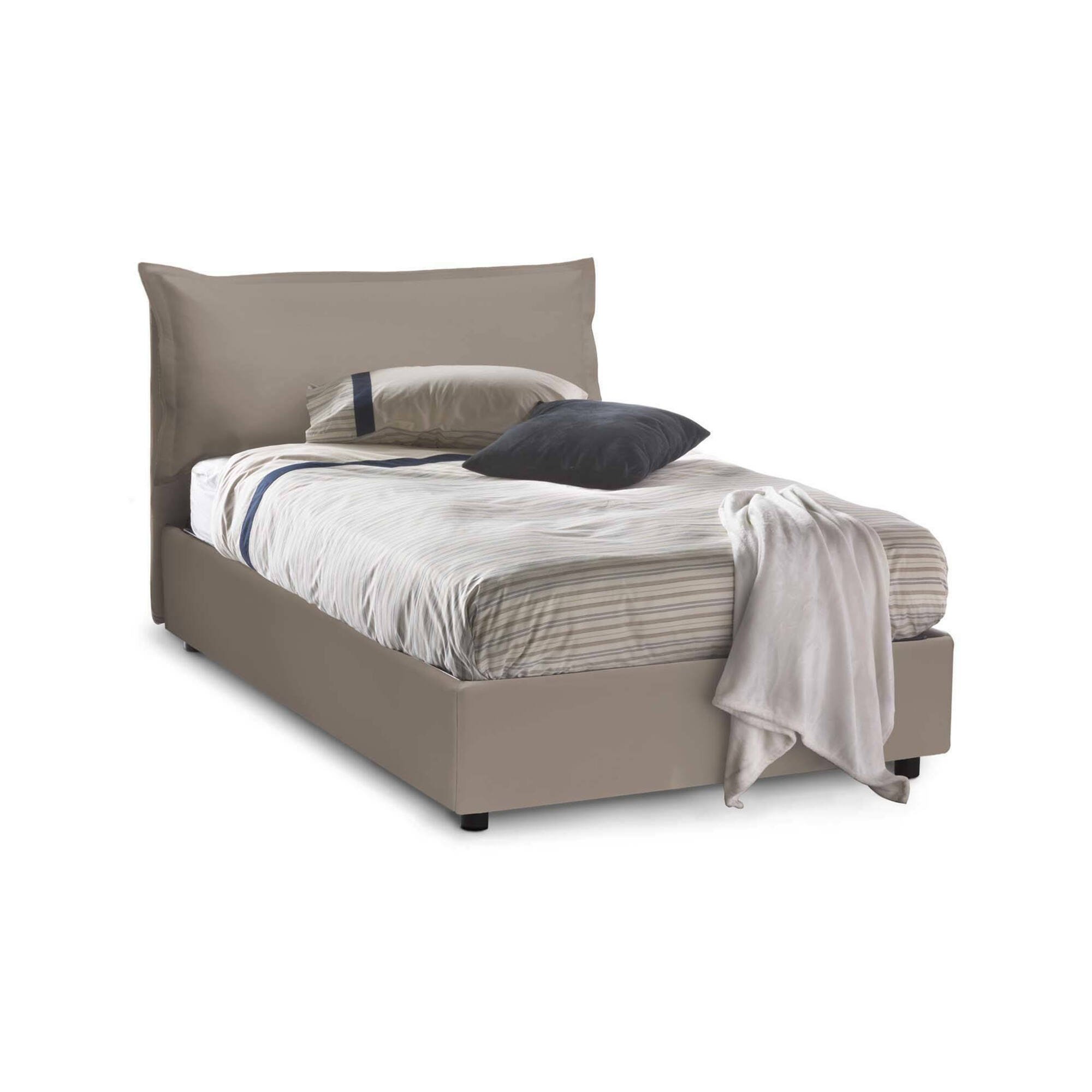 foto del prodotto letto piazza e mezza latona, letto contenitore con rivestimento in ecopelle, made in italy, apertura frontale, adatto per materasso cm 120x190, tortora