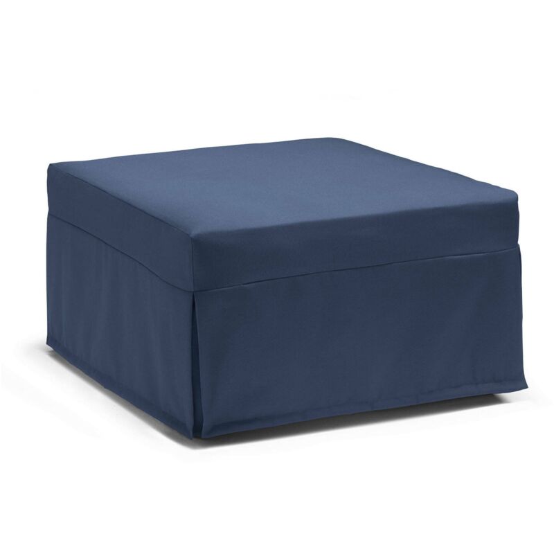 foto del prodotto letto pieghevole ancilla, pouf trasformabile in letto singolo, 100 made in italy, pouf in tessuto da soggiorno, cm 80x80h45, blu, con imballo