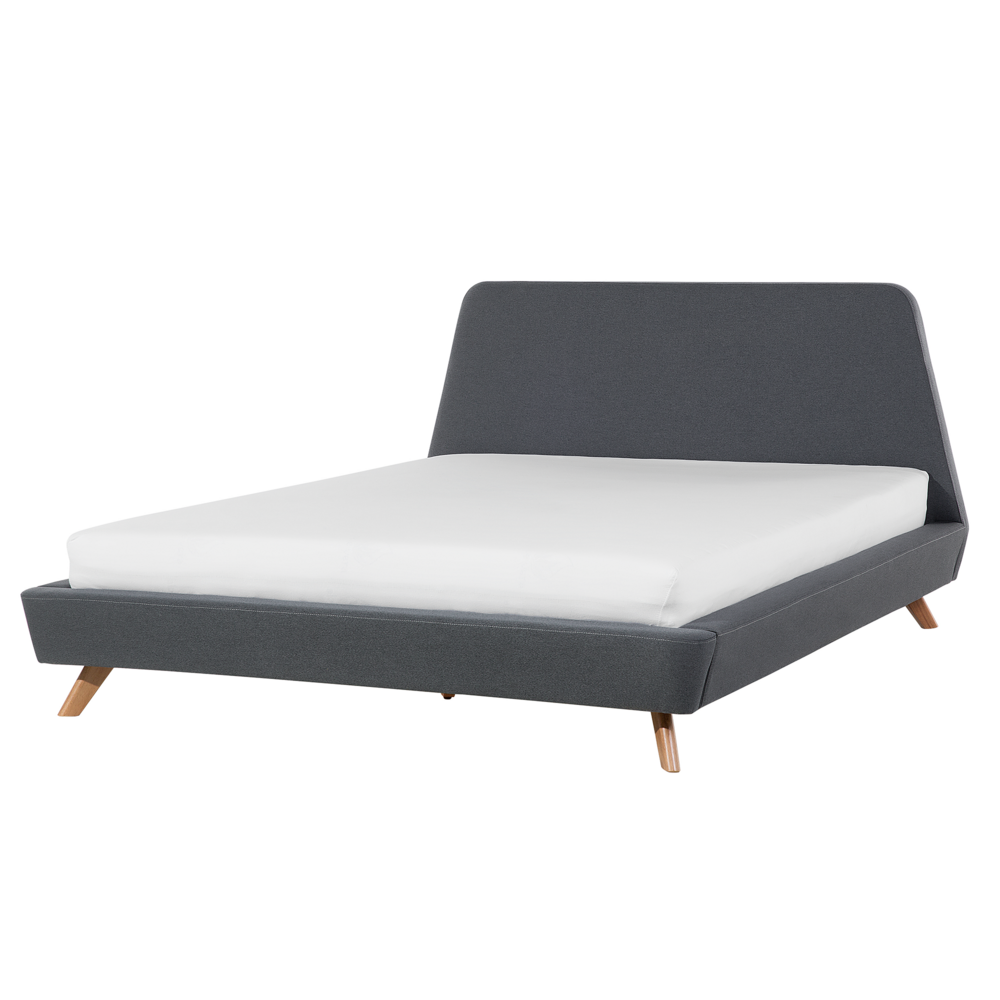 foto del prodotto letto rivestimento in tessuto grigio gambe in legno chiaro 160 x 200 cm retro