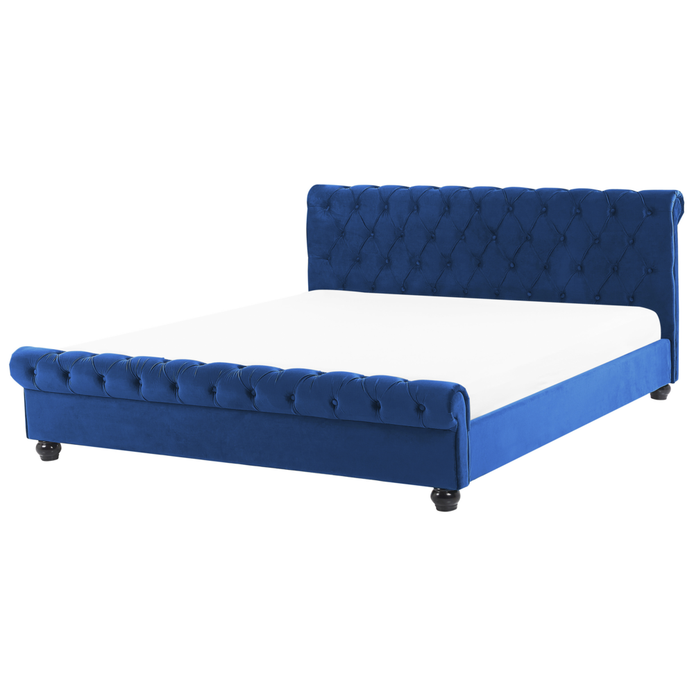 foto del prodotto letto rivestimento in velluto blu gambe in legno nero 180 x 200 cm abbottonato glam