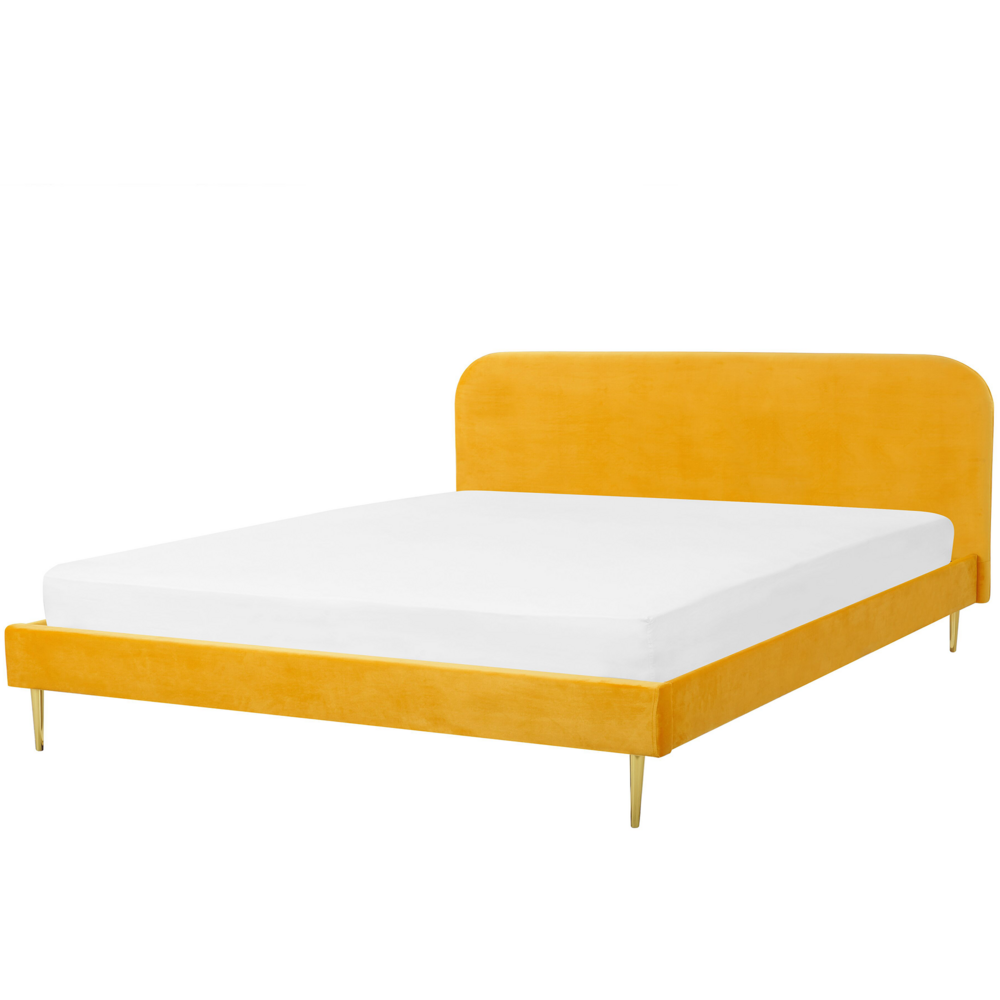 foto del prodotto letto rivestimento in velluto giallo super king size gambe dorate testiera a doghe 180 x 200 cm design minimalista