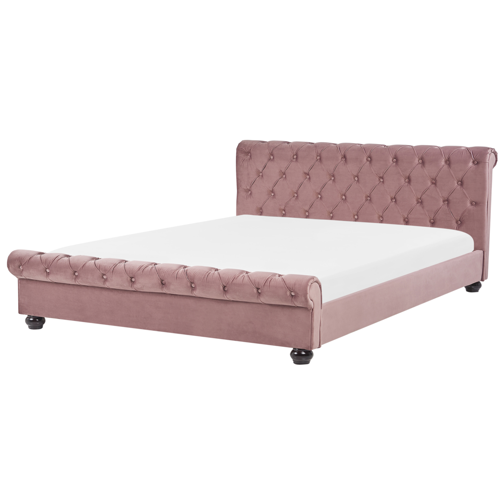 foto del prodotto letto rivestimento in velluto rosa gambe in legno nero 180 x 200 cm abbottonato glam