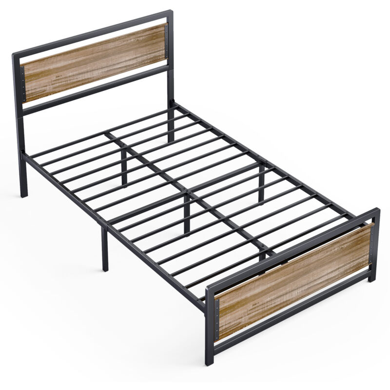 foto del prodotto letto semplice 120x200 in metallo con testiera in legno bealife struttura a doghe per bambini e adolescenti nero e grigio retrò