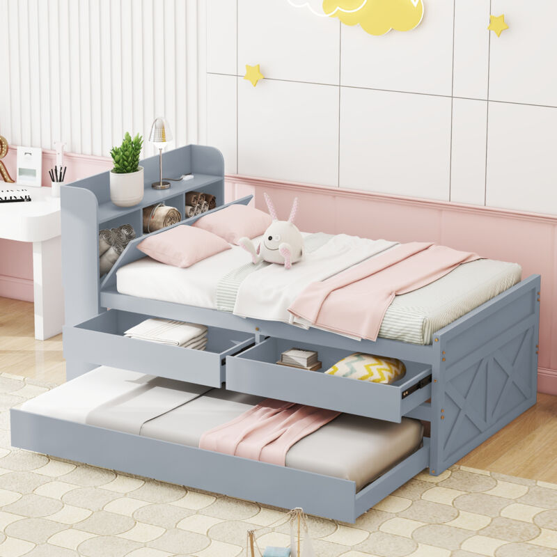 foto del prodotto letto singolo 90x190 cm in legno con 1 letto estraibile e 2 cassetti scorrevoli, testiera contenitore con usb, grigio senza materasso 