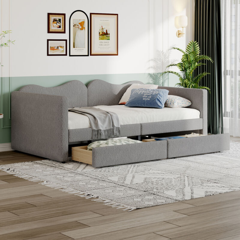 foto del prodotto letto singolo 90x200 cm, divano letto imbottito con 2 cassetti, giroletto in tessuto orsetto, grigio