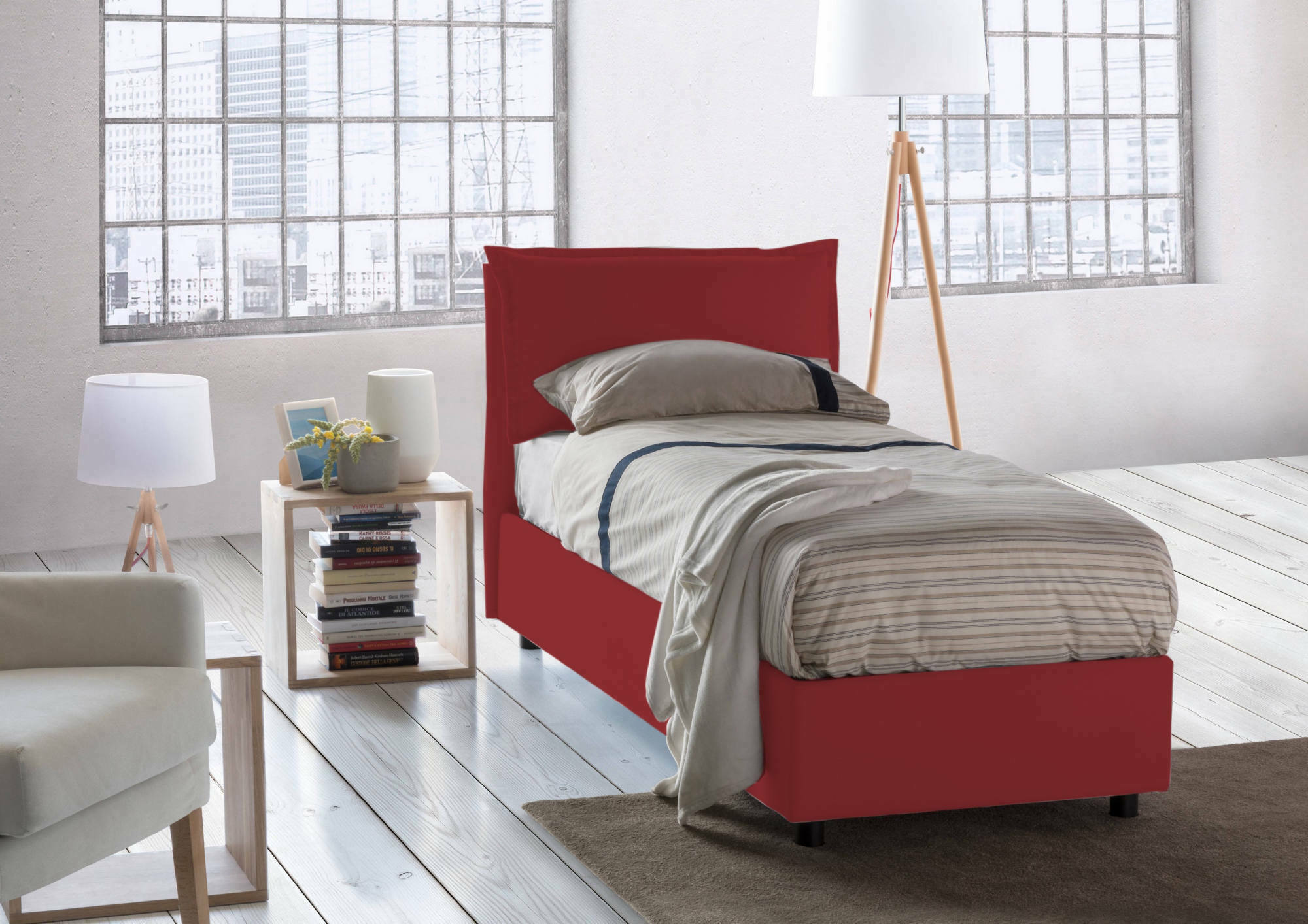 foto del prodotto letto singolo abroghat, letto contenitore con rivestimento in tessuto, made in italy, apertura frontale, adatto per materasso cm 90x200, rosso