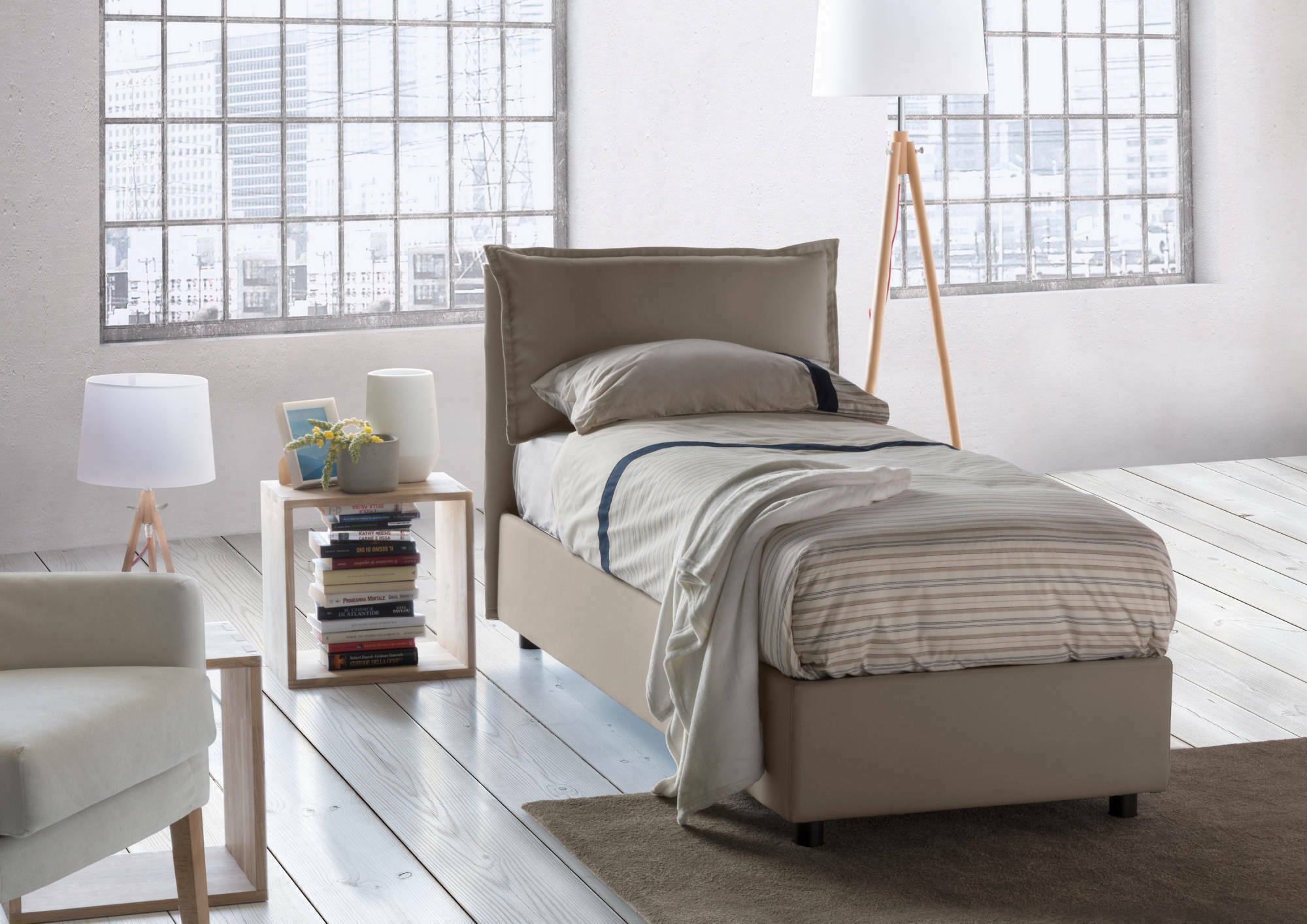 foto del prodotto letto singolo abroghat, letto contenitore con rivestimento in tessuto, made in italy, apertura frontale, adatto per materasso cm 90x200, tortora