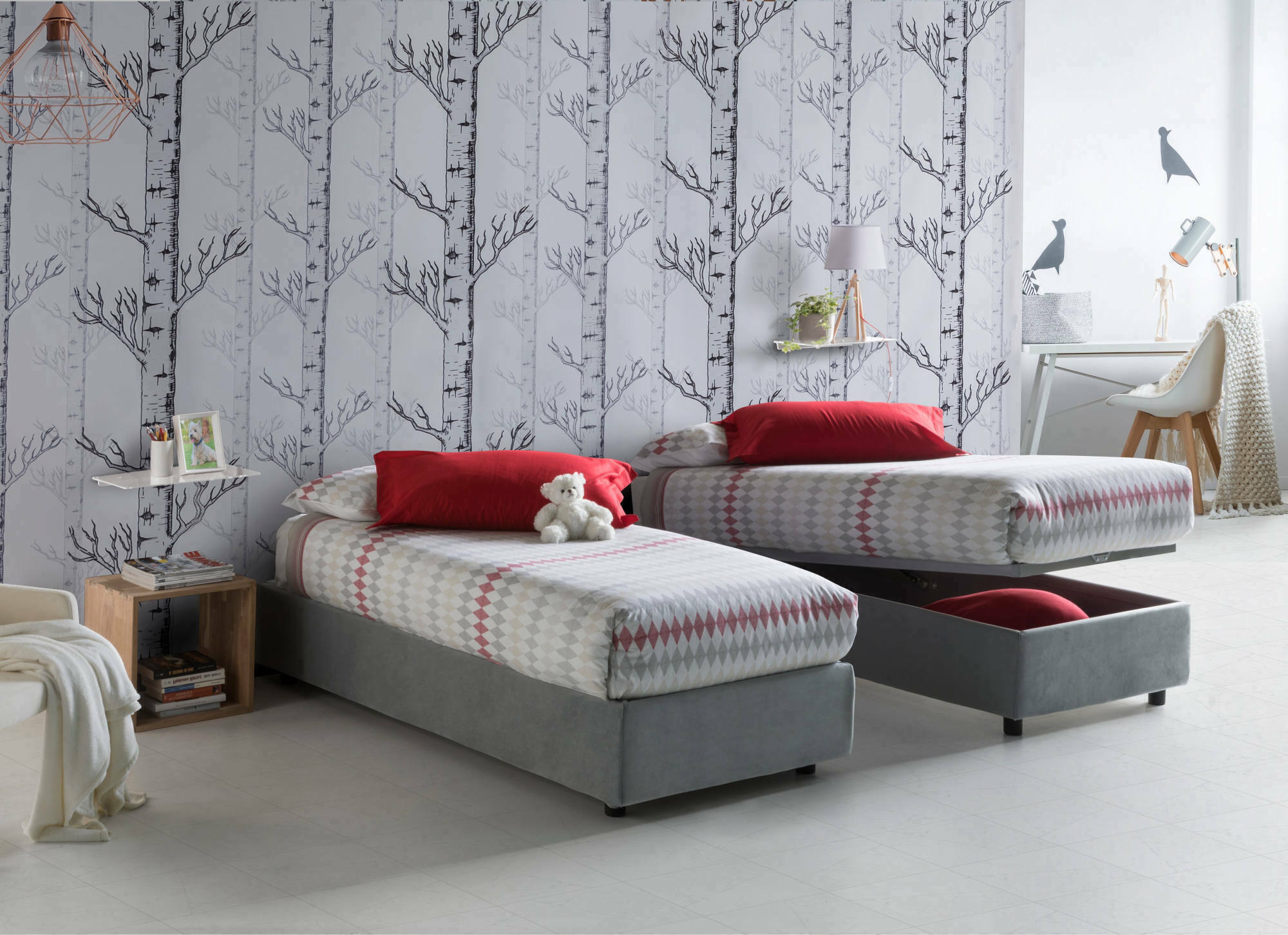 foto del prodotto letto singolo acetico, letto contenitore con rivestimento in tessuto, made in italy, apertura frontale, adatto per materasso cm 90x200, grigio