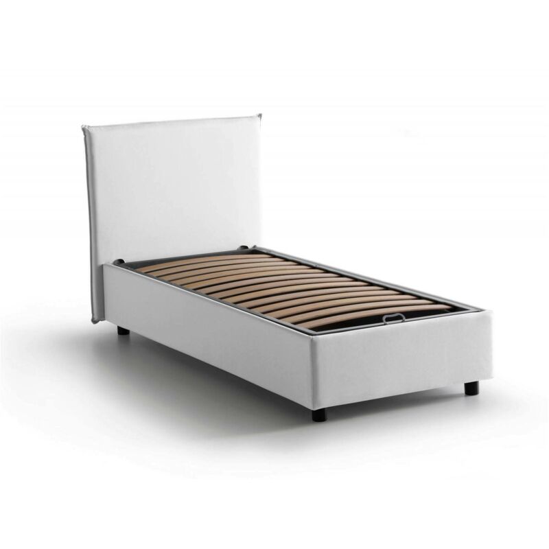 foto del prodotto letto singolo acuila, letto contenitore con rivestimento in tessuto, 100 made in italy, apertura laterale, adatto per materasso cm 80x190, bianco