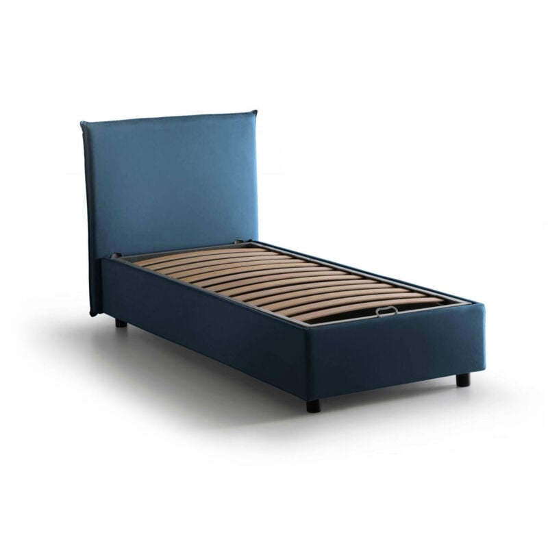 foto del prodotto letto singolo alder, letto contenitore con rivestimento in tessuto, 100 made in italy, apertura frontale, adatto per materasso cm 90x200, blu