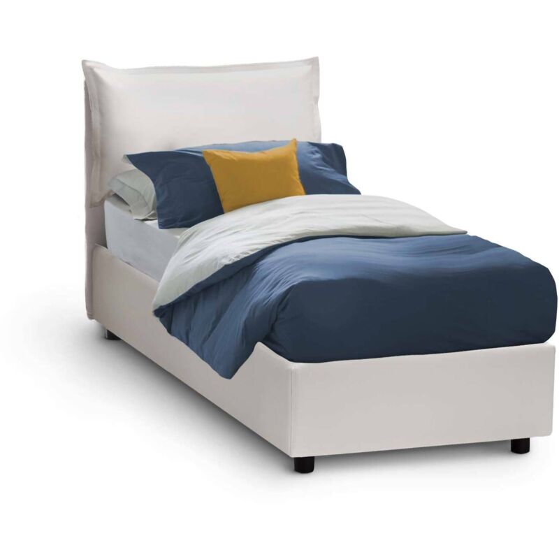 foto del prodotto letto singolo alistair, letto contenitore con rivestimento in ecopelle, 100 made in italy, apertura frontale, adatto per materasso cm 80x190, bianco
